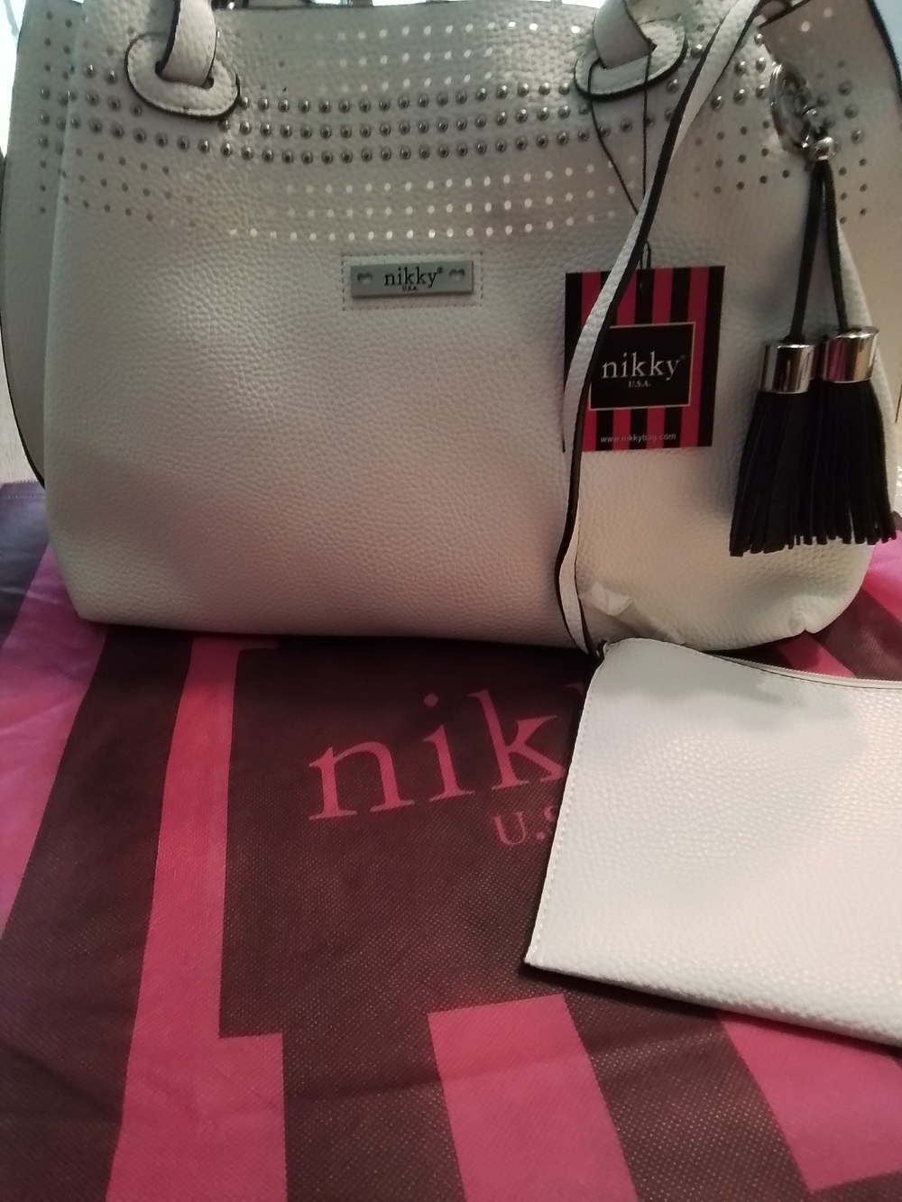 White Tote Bag/handbag with Black Tassel Accent By NIKKY USA - Picture 5 of 6